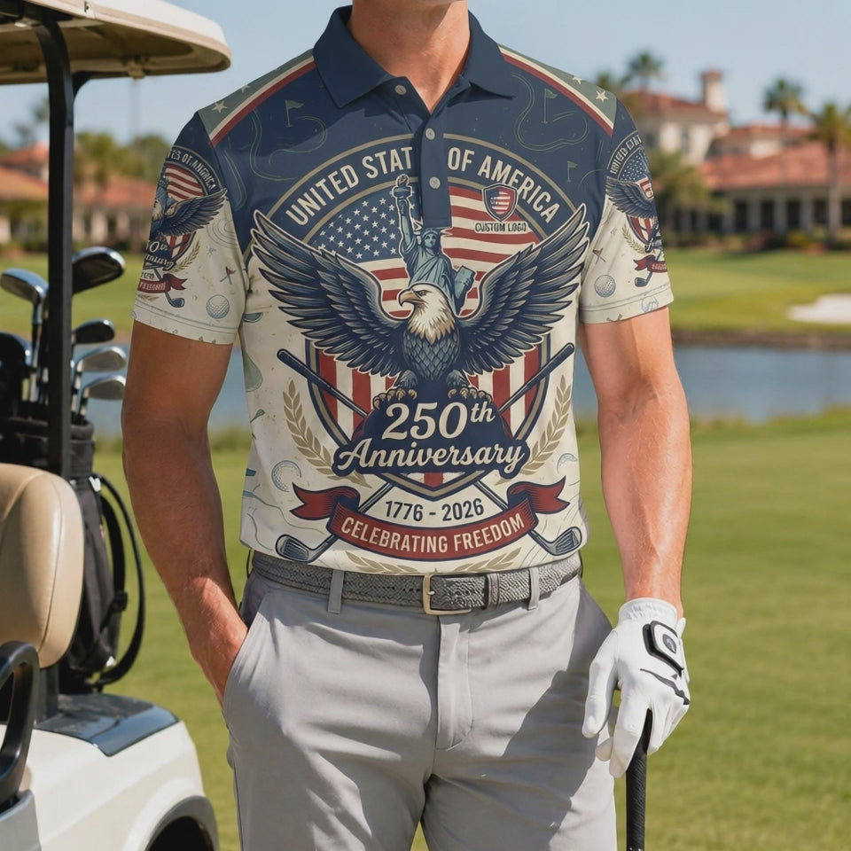 Product video showcasing the premium lightweight fabric and crisp eagle liberty freedom print of the custom 250th anniversary polo.
