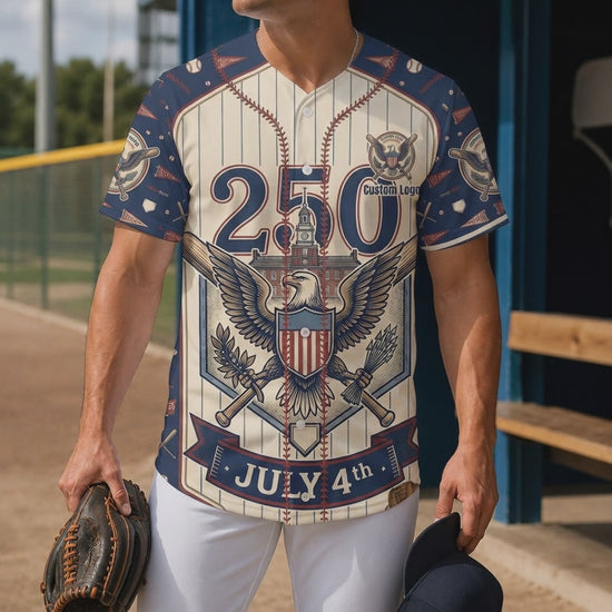 Short product preview showing a male model wearing the navy pinstripe American eagle 250th anniversary baseball jersey in a sunny dugout.