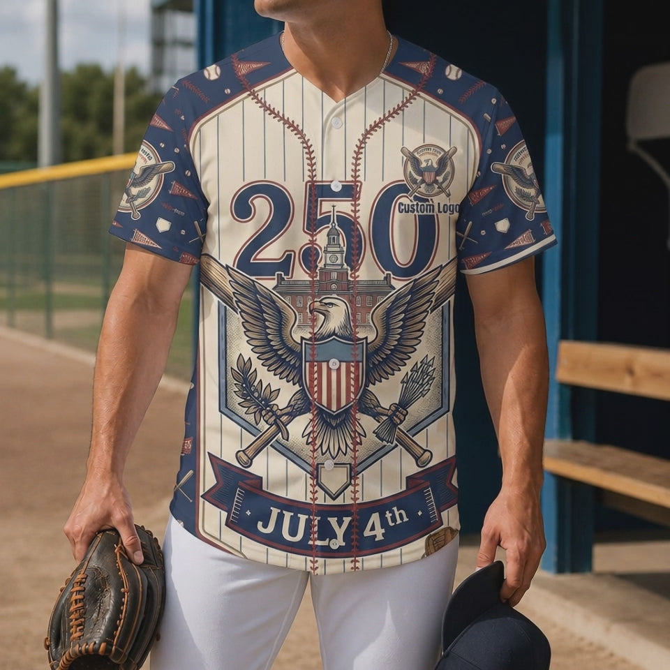 Short product preview showing a male model wearing the navy pinstripe American eagle 250th anniversary baseball jersey in a sunny dugout.