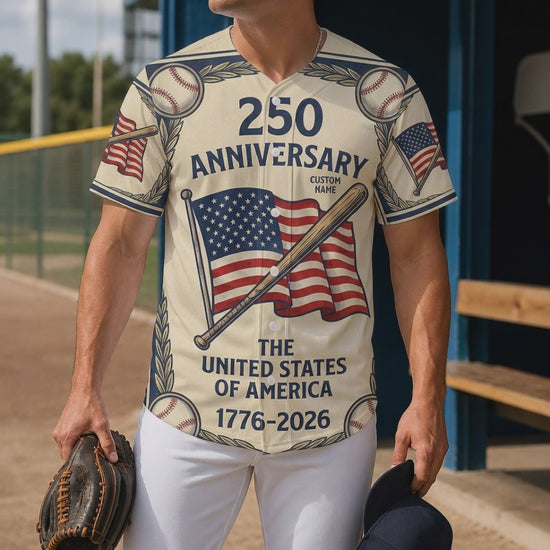 Cinematic video showcase of the 250th anniversary American flag and baseball bat jersey with commemorative 1776-2026 text