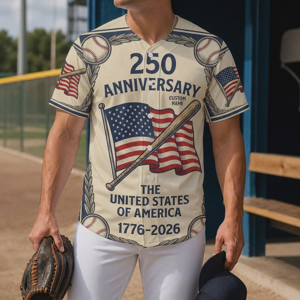 Cinematic video showcase of the 250th anniversary American flag and baseball bat jersey with commemorative 1776-2026 text