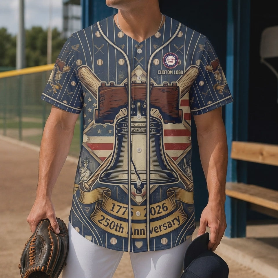 Video preview showcase capturing the smooth motion, premium pinstripe texture, and vivid print details of the 250 Years of Freedom jersey.