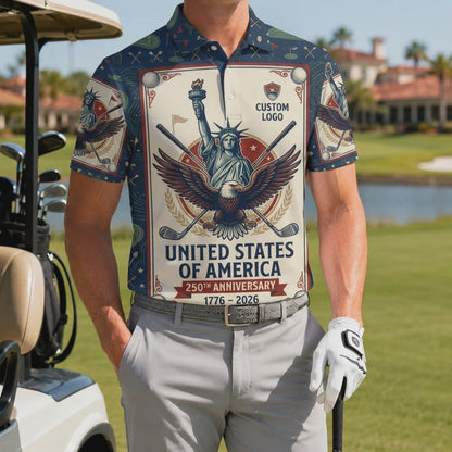 Product video showcasing the premium performance fabric and crisp eagle Liberty poster print of the custom 250th anniversary polo.