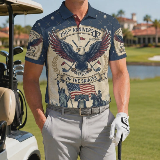Product video showcasing the premium activewear material and high-definition patriotic monuments print of the custom 250th anniversary polo.