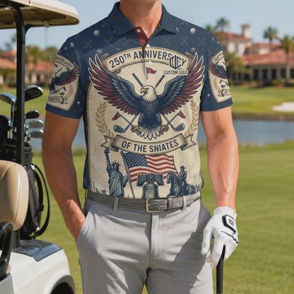 Product video showcasing the premium activewear material and high-definition patriotic monuments print of the custom 250th anniversary polo.