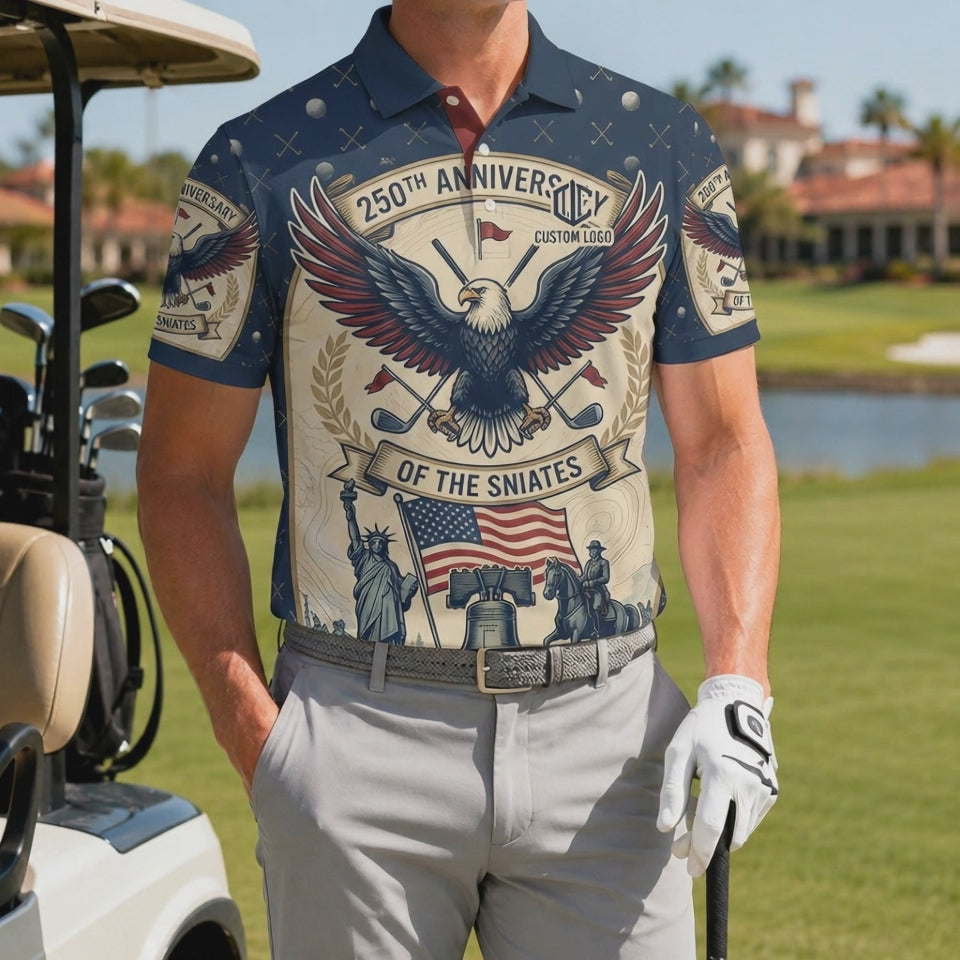 Product video showcasing the premium activewear material and high-definition patriotic monuments print of the custom 250th anniversary polo.