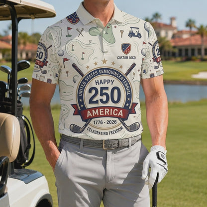 Product video showcasing the lightweight texture and clean doodle design of the custom USA 250th anniversary golf polo.