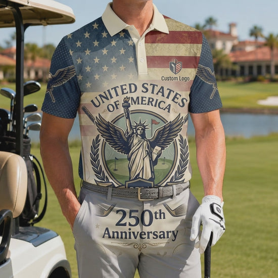 360-degree video showcase of USA 250th anniversary patriotic polo