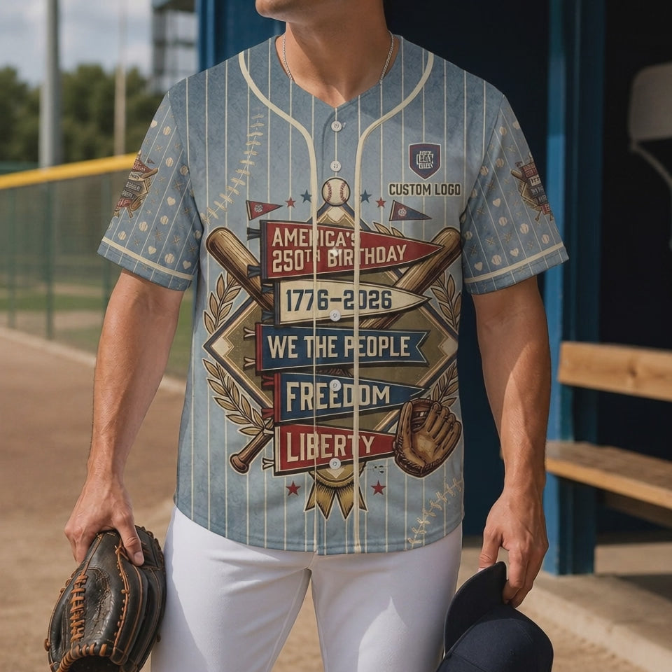 Video preview showcase highlighting the premium vintage fabric texture and detailed flag print quality of the 250th Birthday jersey.