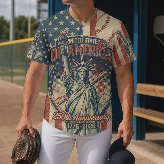 Cinematic Video Showcase Of The Statue Of Liberty 250th Anniversary Baseball Jersey Featuring Patriotic Design Elements