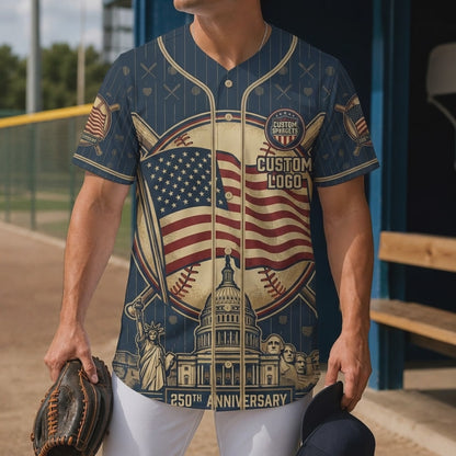 Video preview showcase showing the lightweight fabric flow and premium dye-sublimation print details of the USA Landmark baseball jersey.