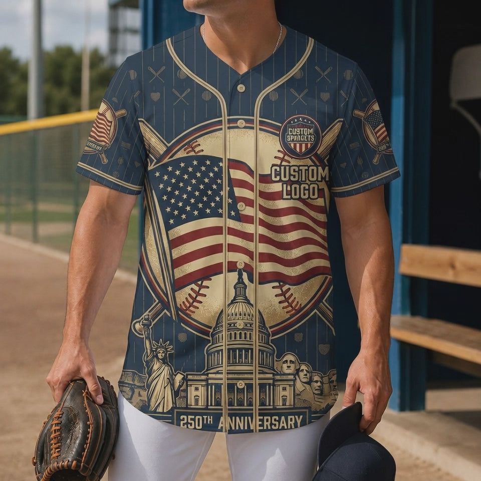 Video preview showcase showing the lightweight fabric flow and premium dye-sublimation print details of the USA Landmark baseball jersey.