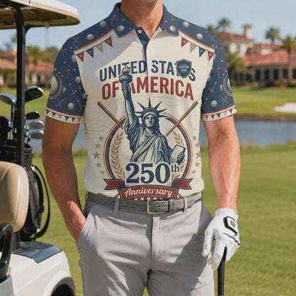 Product video showcasing the lightweight performance fabric and crisp printing of the custom liberty bunting 250th anniversary polo.