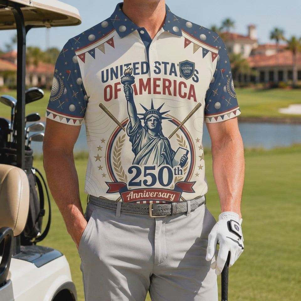 Product video showcasing the lightweight performance fabric and crisp printing of the custom liberty bunting 250th anniversary polo.