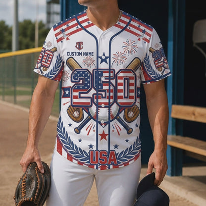 Short product showcase video featuring a male model wearing the white patriotic USA 250th anniversary baseball jersey at a sunny baseball field.
