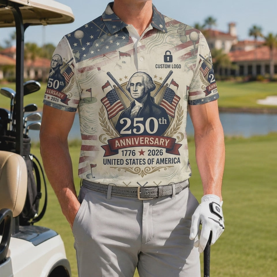 Product video showcasing the lightweight performance fabric and crisp historic portrait print of the custom George Washington polo.