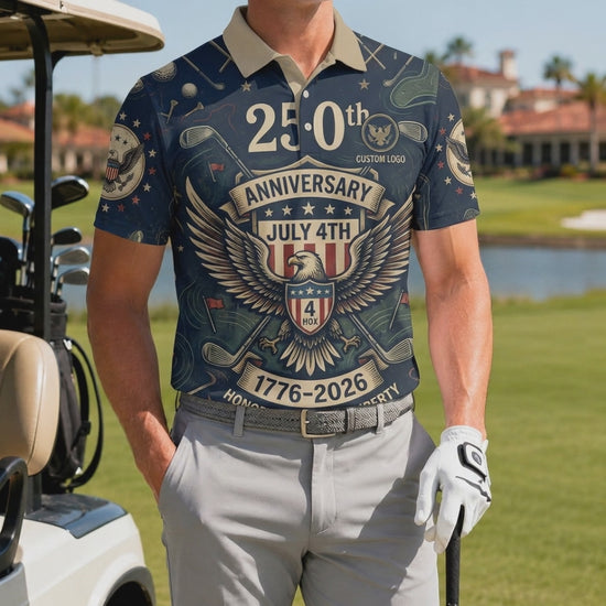 Product video showcasing the premium activewear material and sharp eagle crest printing of the custom 250th anniversary golf polo.