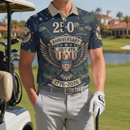 Product video showcasing the premium activewear material and sharp eagle crest printing of the custom 250th anniversary golf polo.
