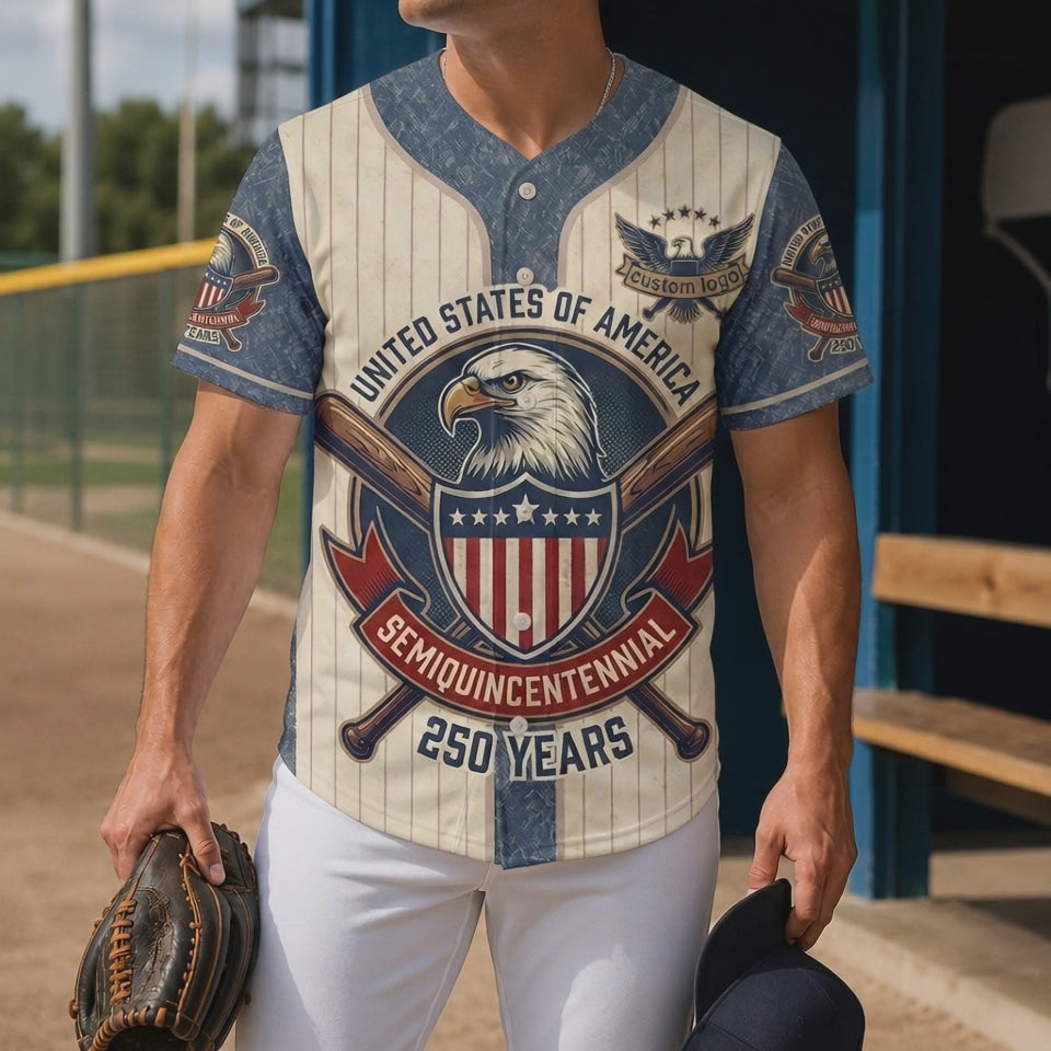 Video preview showcase of the patriotic USA Semiquincentennial 250 Years baseball jersey fabric texture and premium print quality on a model.