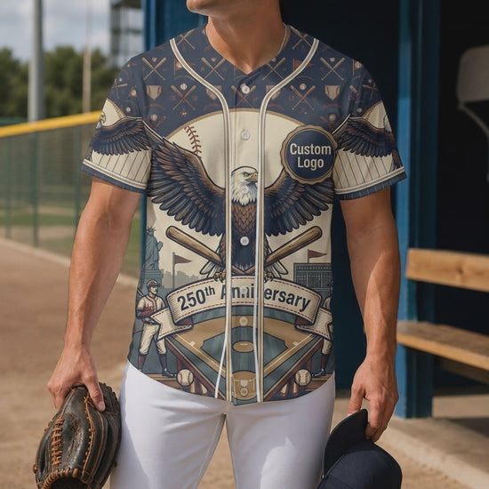 Short product preview showing a male model wearing the navy american eagle 250th anniversary baseball jersey with stadium graphics in a sunny dugout.