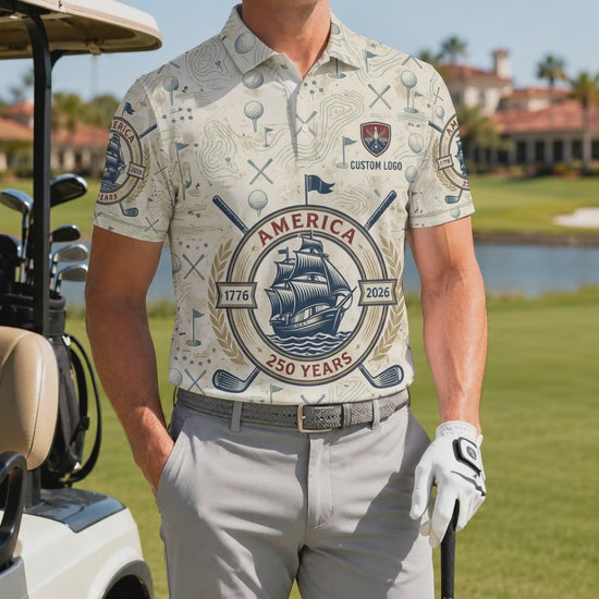 Product video showcasing the fabric texture and historic sailing ship design of the custom USA 250th anniversary golf polo.