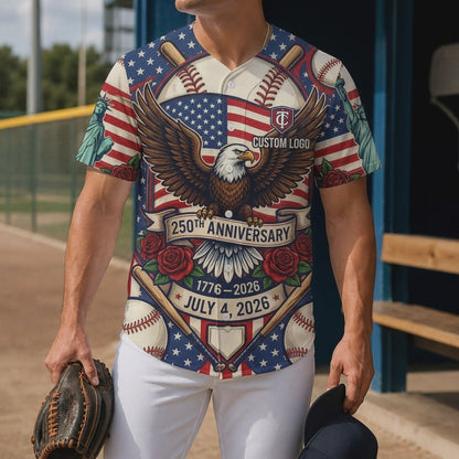 360-degree video showcase of the custom 250th Anniversary baseball legend jersey, highlighting the vintage eagle, Statue of Liberty, and July 4, 2026 commemorative print