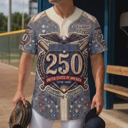 Video preview showcase showing the lightweight fabric flexibility and detailed micro-patterns of the USA Celebrating 250 Years jersey.