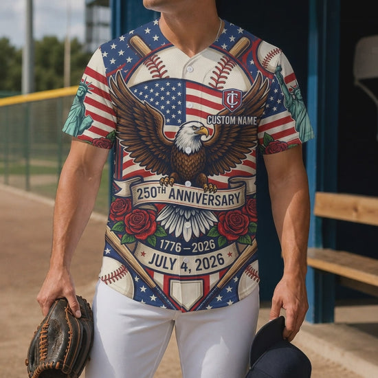 Cinematic video showcase of the 250th anniversary eagle and liberty baseball jersey with commemorative 1776-2026 text