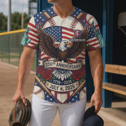 Cinematic video showcase of the 250th anniversary eagle and liberty baseball jersey with commemorative 1776-2026 text
