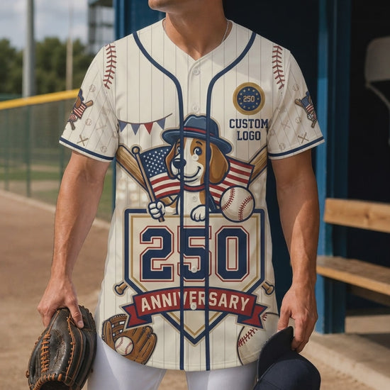 Short product preview showing a male model in a sunny dugout wearing the cream pinstripe beagle dog USA anniversary baseball jersey.