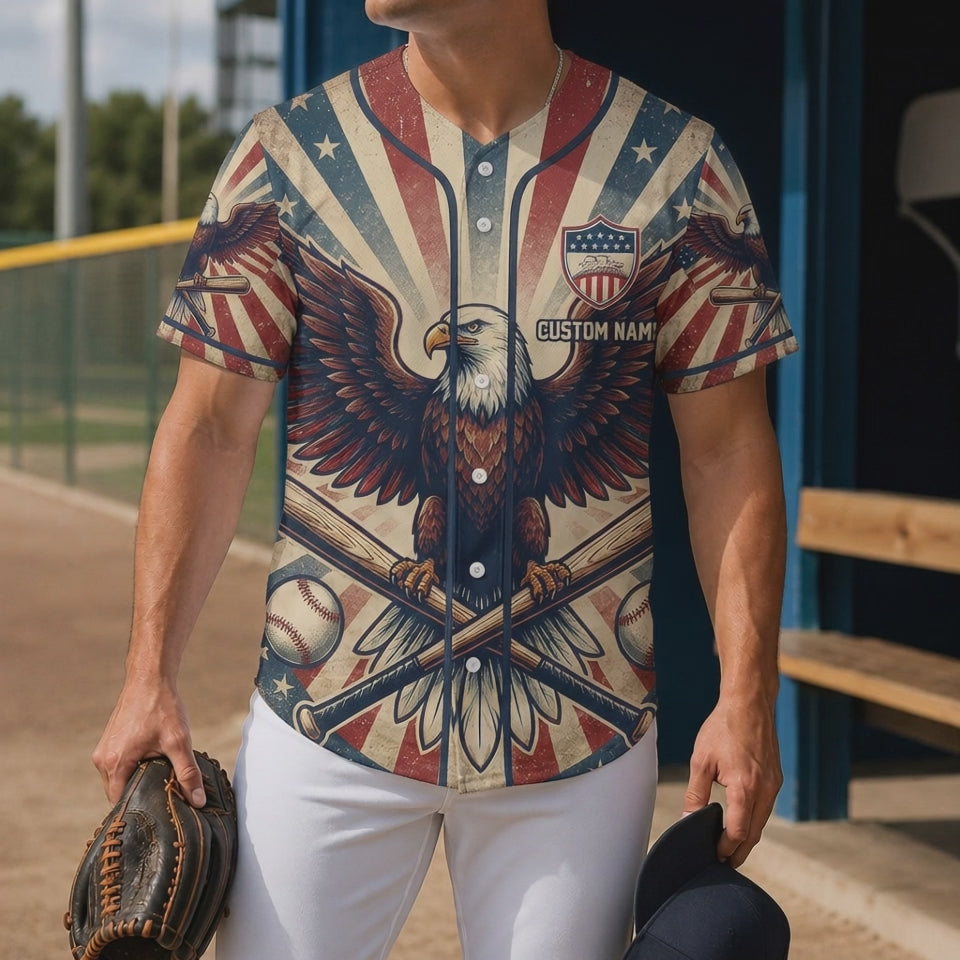 Cinematic Video Showcase Of The Patriotic Eagle Baseball Jersey Featuring Sunburst Graphics And Baseball Motifs