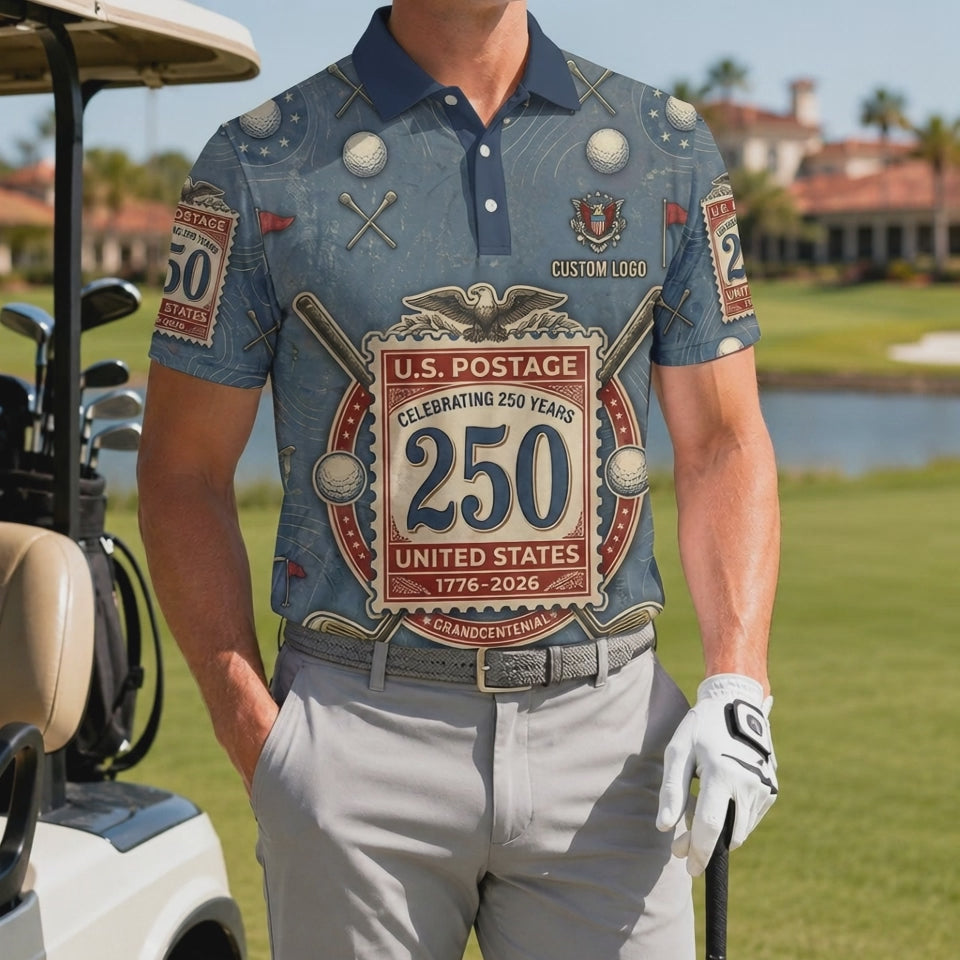 Product video showcasing the lightweight performance fabric and high-definition vintage stamp print of the custom 250th anniversary polo.