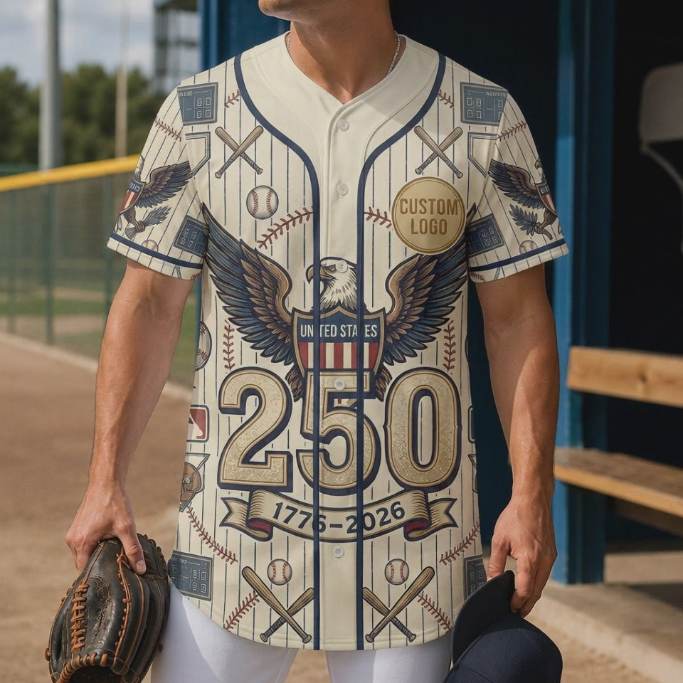 Video showcasing the intricate design of the vintage USA 250th Anniversary Patriotic Baseball Jersey