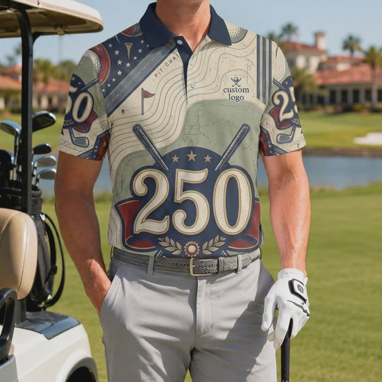 360-degree video showcase of the 250th anniversary topographic golf polo