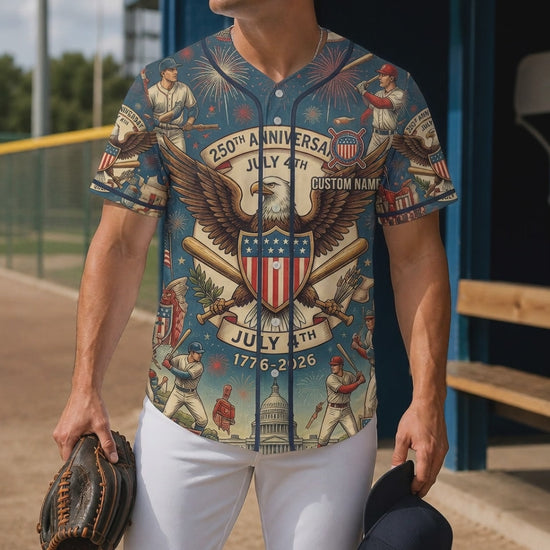 Video Showcase Of The July 4th 250th Anniversary Baseball Jersey Featuring An Eagle Shield And Patriotic Firework Graphics