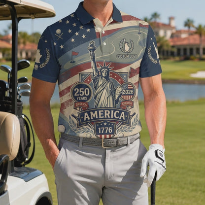 Product video showcasing the premium lightweight stretch fabric and sharp printing of the custom Statue of Liberty 250th anniversary polo.