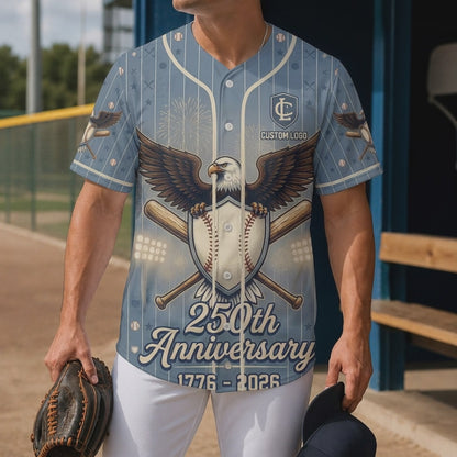 Video preview showcase showing the lightweight fabric movement and high-definition graphics of the USA 250th Anniversary baseball jersey.