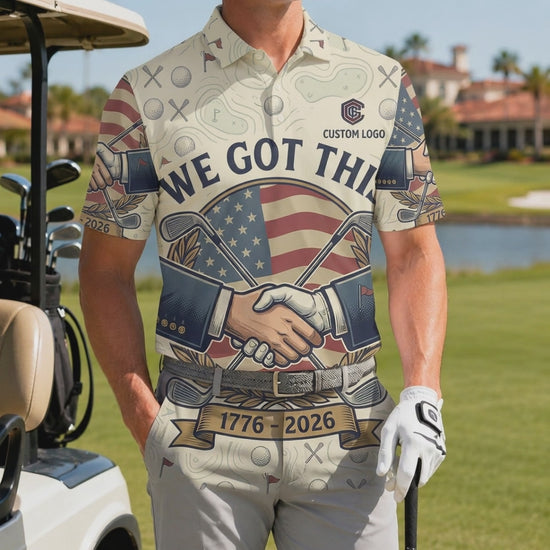 Product showcase video of a model wearing the custom American 250th anniversary "We Got This" golf polo shirt.