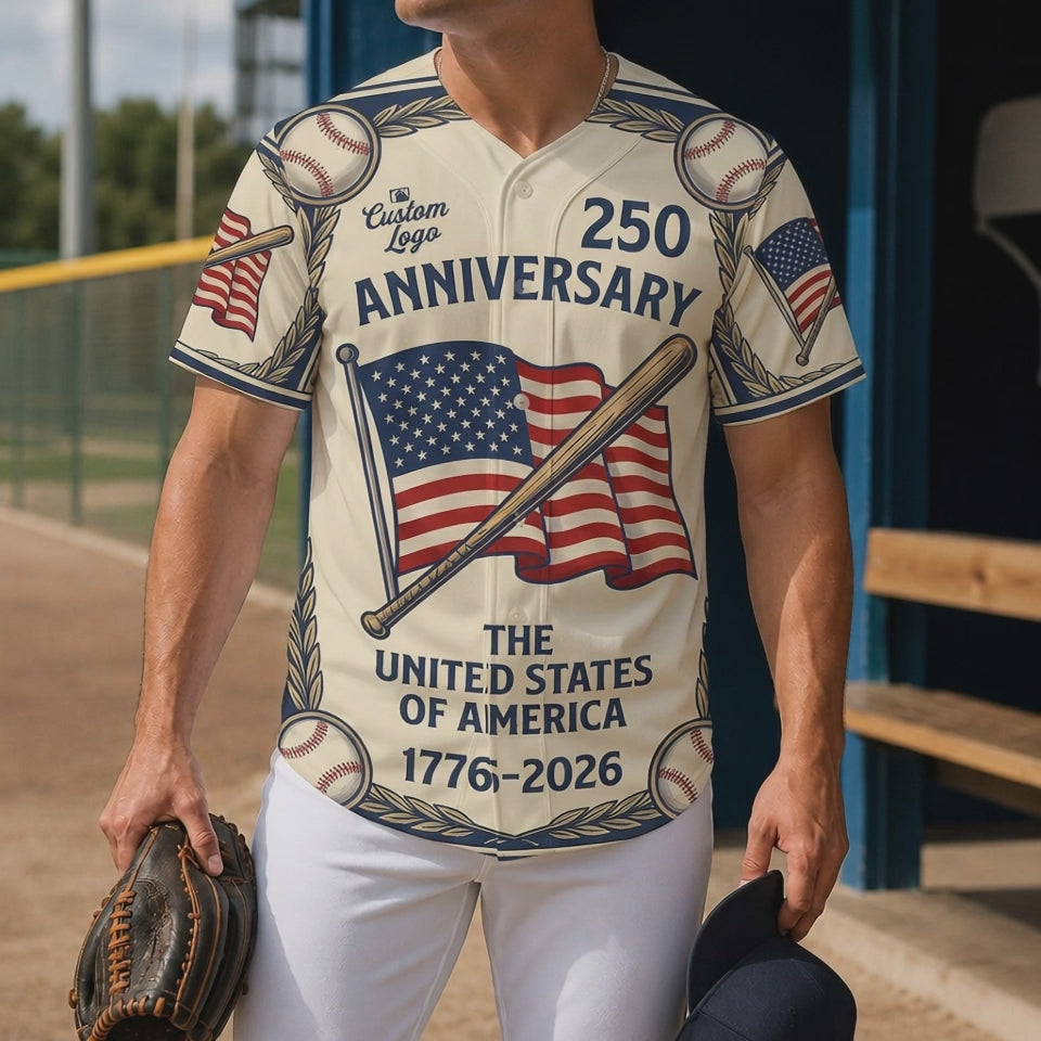 A man wearing a 250th anniversary USA baseball jersey on a baseball field, highlighting the commemorative design