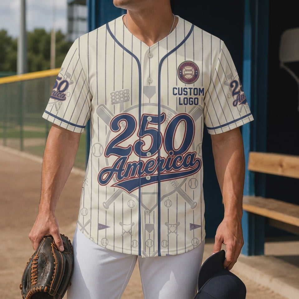 Short product showcase video highlighting a male model wearing the cream pinstripe America 250th anniversary baseball jersey at a sports field dugout.