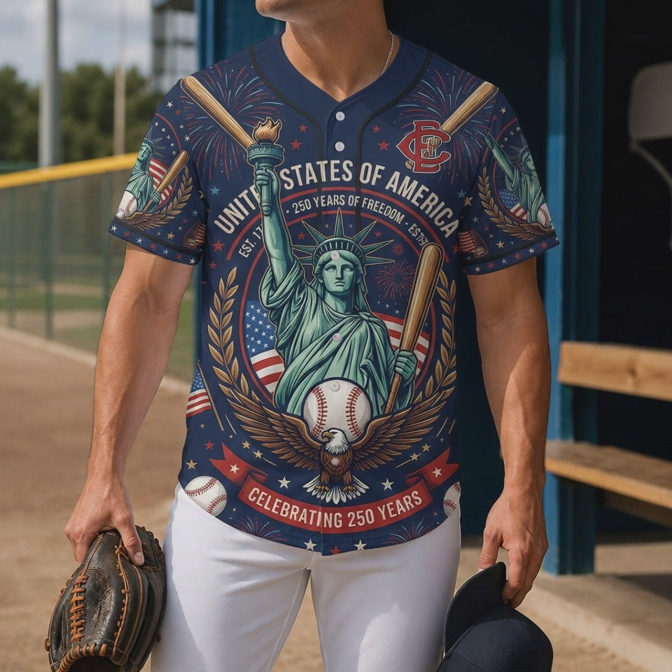 Video showcase of the custom USA 250th Anniversary Liberty baseball jersey featuring Statue of Liberty and eagle graphics
