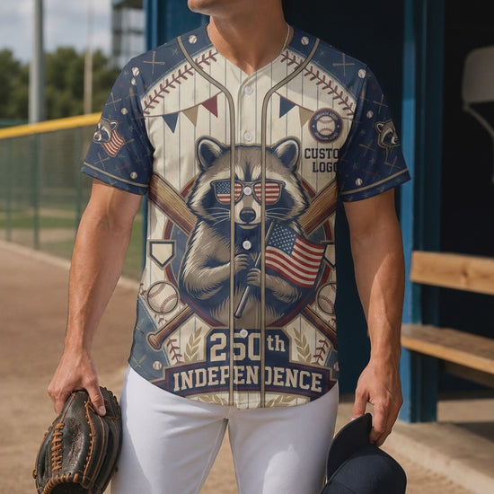 Video preview showcase showing the fine fabric drape, detailed linework, and vibrant coloring of the Raccoon Independence jersey.