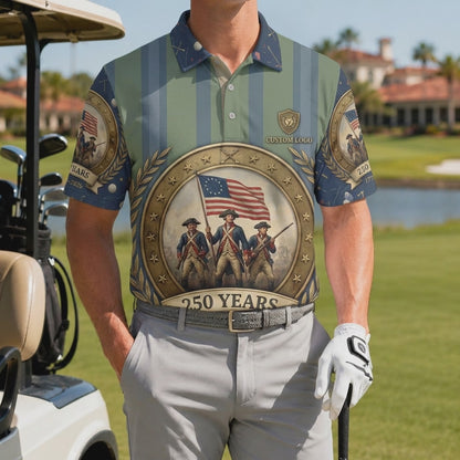 Product video showcasing the premium athletic fit and historical graphics of the custom USA 250 Revolutionary War golf polo shirt.