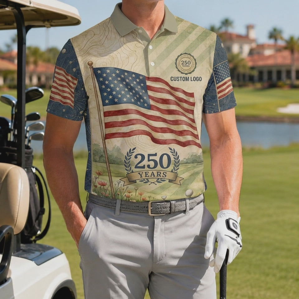 Video preview showcase capturing the 4-way stretch flexibility, cooling moisture-wicking weave, and scenic print details of the polo shirt.