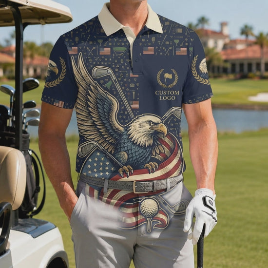 Product showcase video highlighting the athletic fit and premium stretch material of the patriotic eagle golf polo shirt.