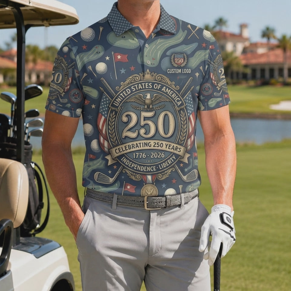 Video showcase of navy Independence & Liberty golf polo