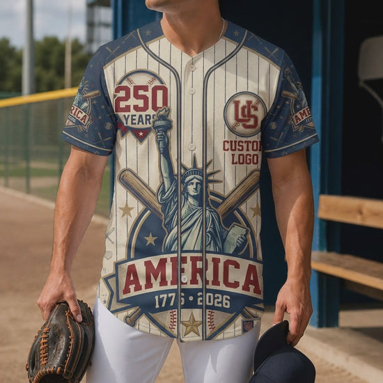 Video preview showcase showing the fine print clarity and lightweight fabric flow of the USA Liberty 250 Years baseball jersey.
