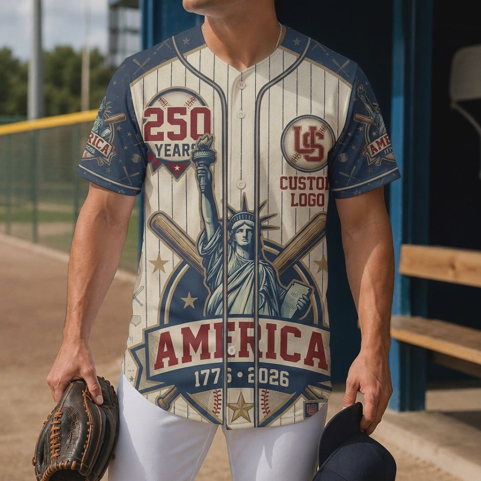 Video preview showcase showing the fine print clarity and lightweight fabric flow of the USA Liberty 250 Years baseball jersey.
