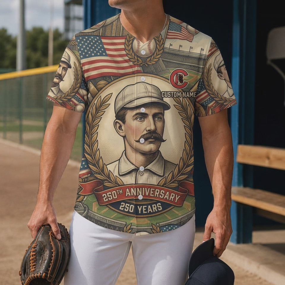 Video Showcase Of The Vintage Portrait 250th Anniversary Baseball Jersey Featuring Classic American Design Elements