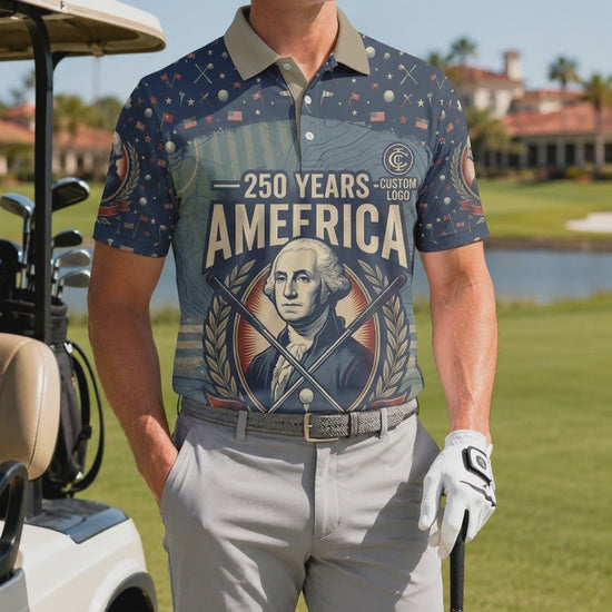 Product showcase video highlighting the athletic fit and premium stretch material of the commemorative George Washington America 250 years golf polo.